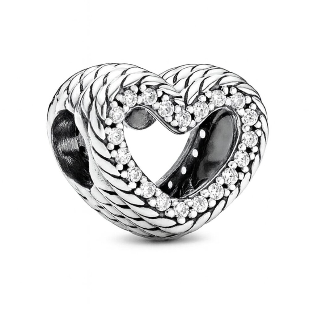 Snake Chain Pattern Open Heart Charm with CZ Halos